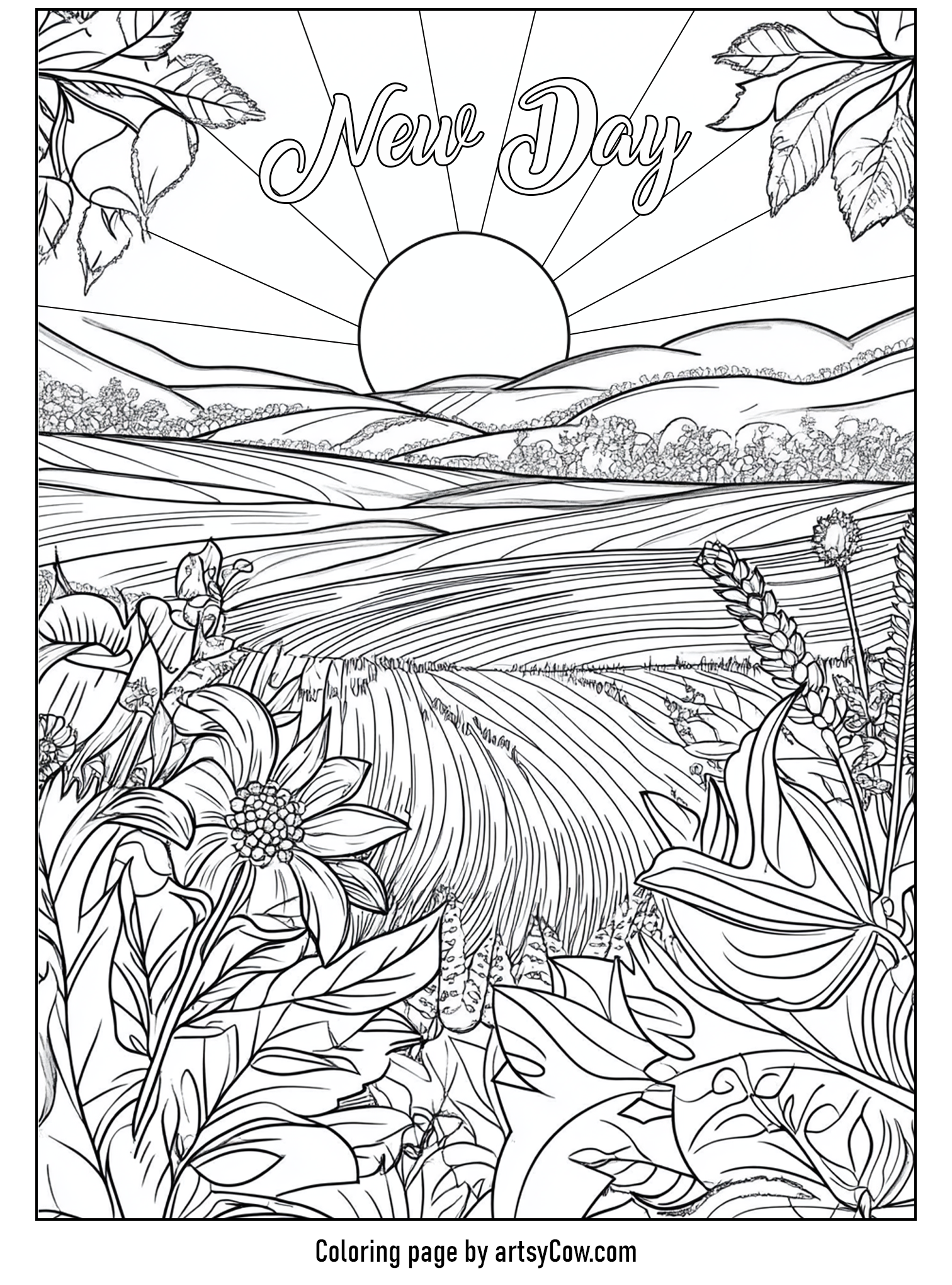 Thanksgiving coloring pages for adults depicting a serene sunrise over rolling fields, surrounded by blooming flowers and lush leaves, with the words 'New Day' at the top.